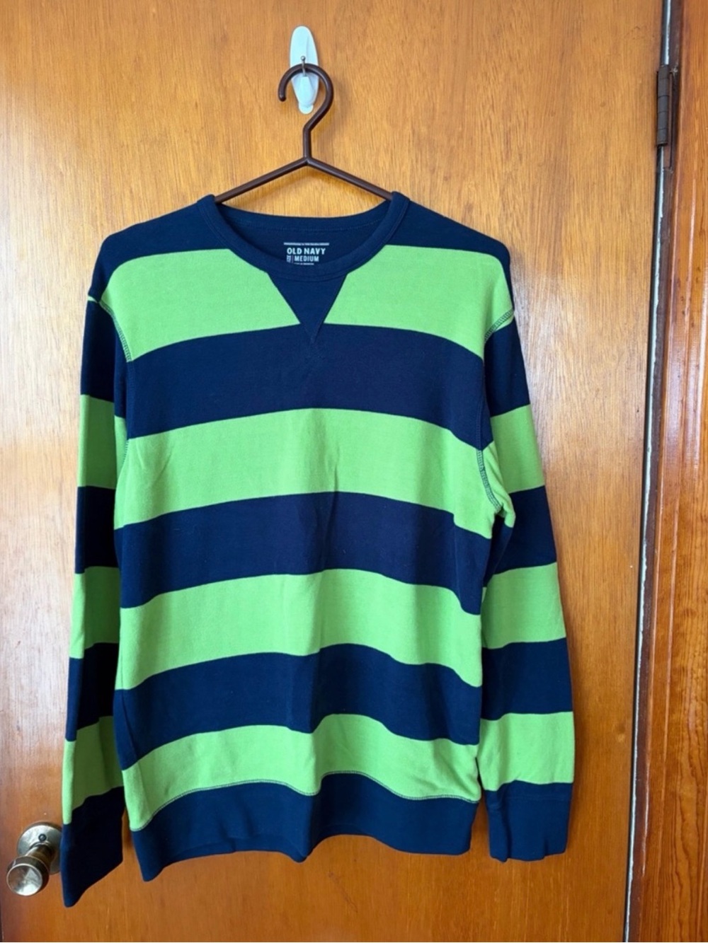 Old Navy Navy & Bright Green Wide-Stripe Crewneck Sweater